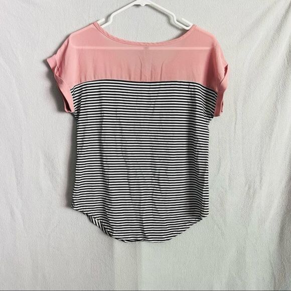 Pink Mesh and White Black Striped Zipper Pocket Tee - Picture 2 of 3